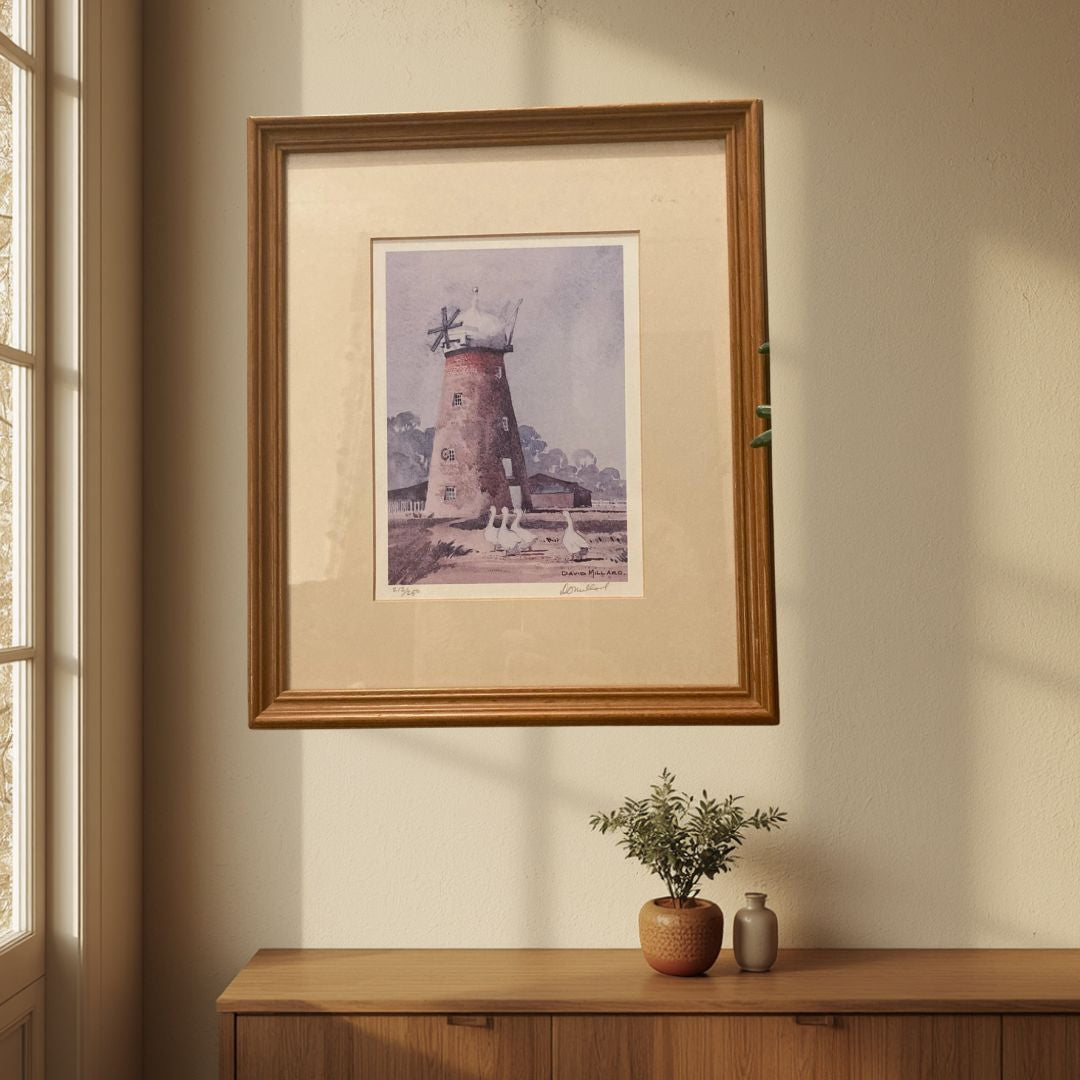 Limited Edition David Millard Framed Art Print | Signed Windmill & Geese Watercolor