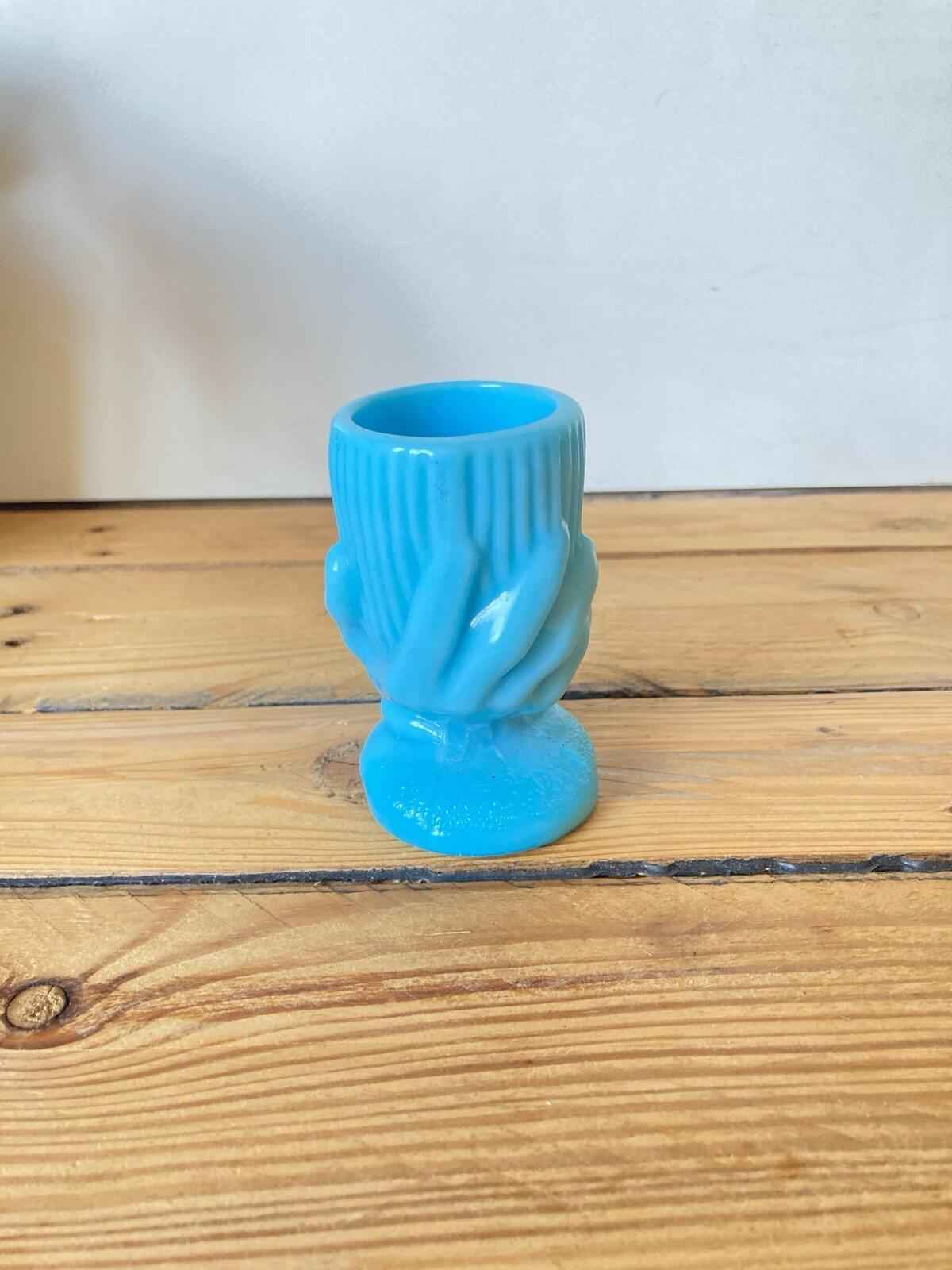 Portieux Vallerysthal Blue Glass Egg Cup Beggars Hand Toothpick Holder
