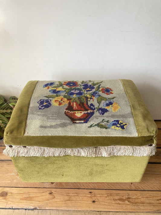 Vintage Embroidered Footstool Sewing Box Floral Design On Wheels