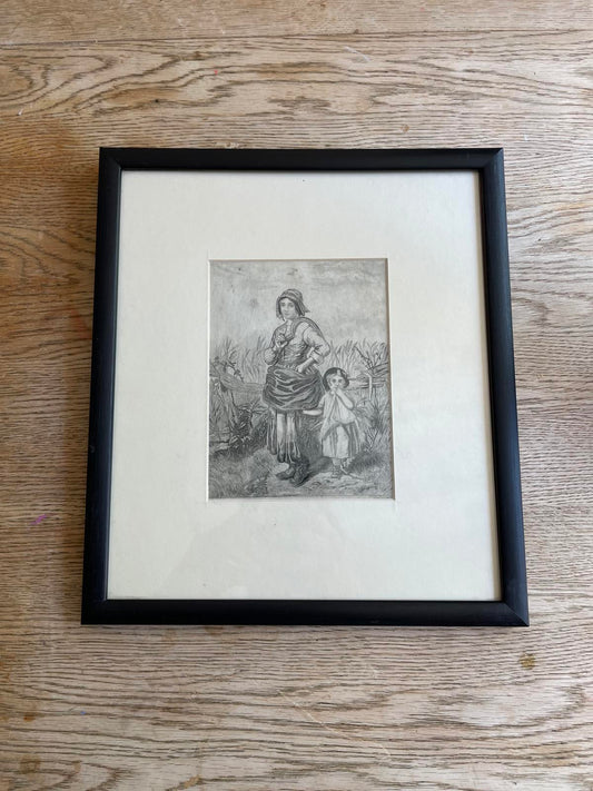 Pencil Drawn Print Of Lady and Girl Harvesting Crops Framed Farm Life