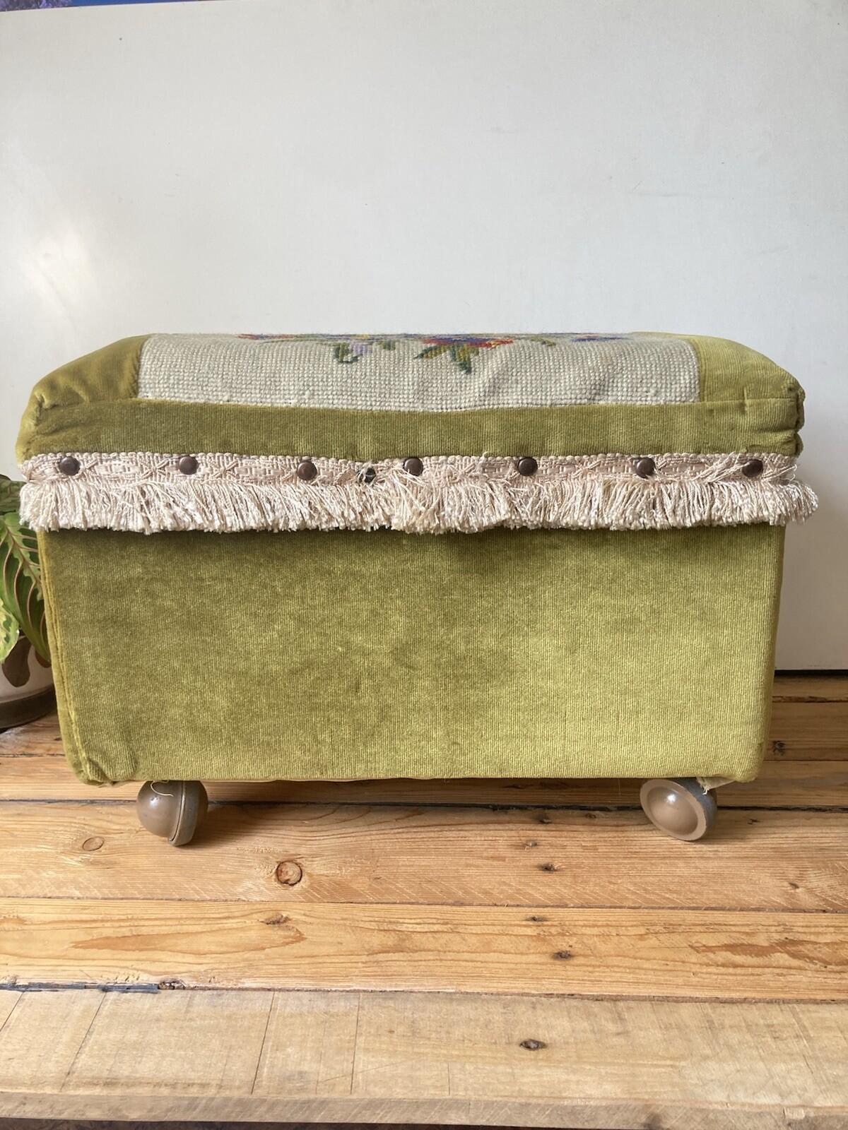 Vintage Embroidered Footstool Sewing Box Floral Design On Wheels