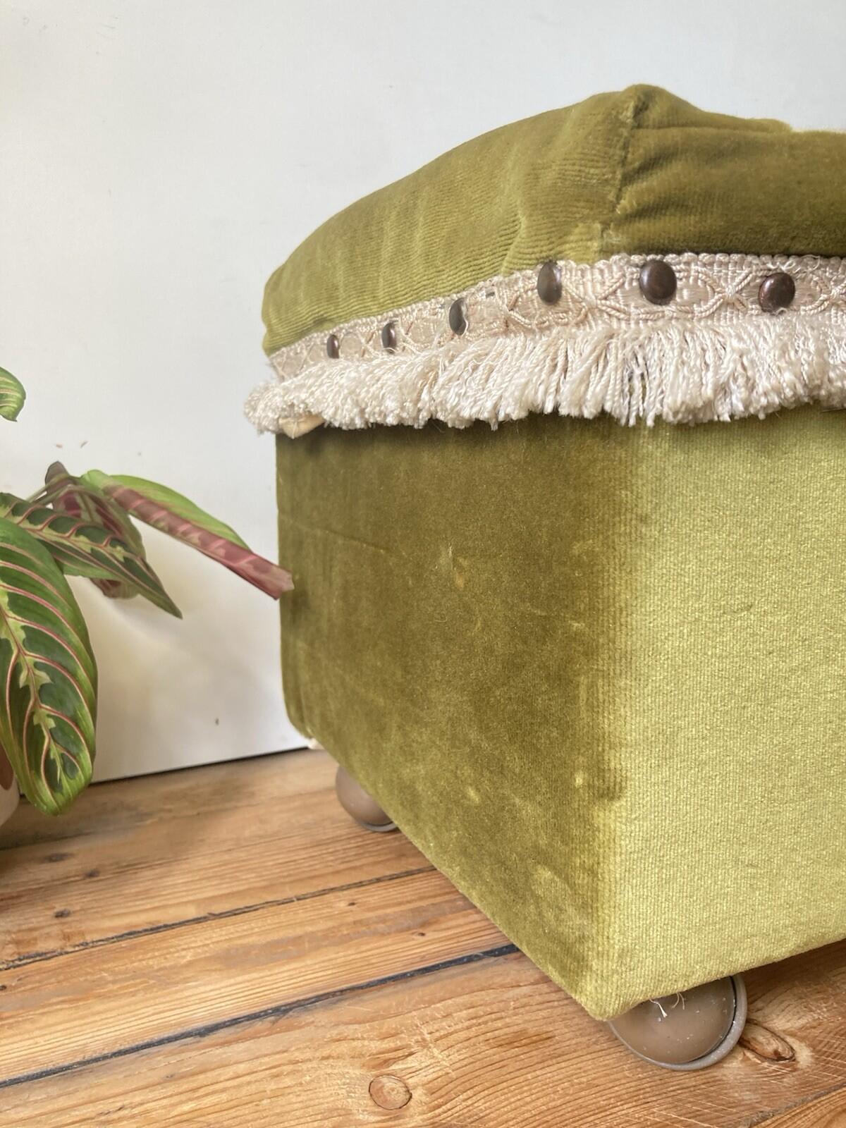 Vintage Embroidered Footstool Sewing Box Floral Design On Wheels