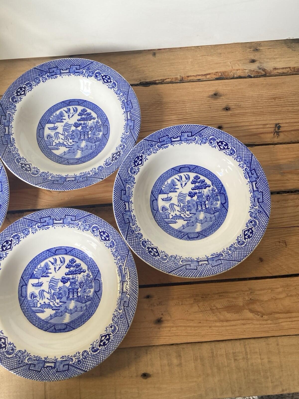 Barratts Willow 4 Rimmed Dessert / Soup Bowls Blue & White