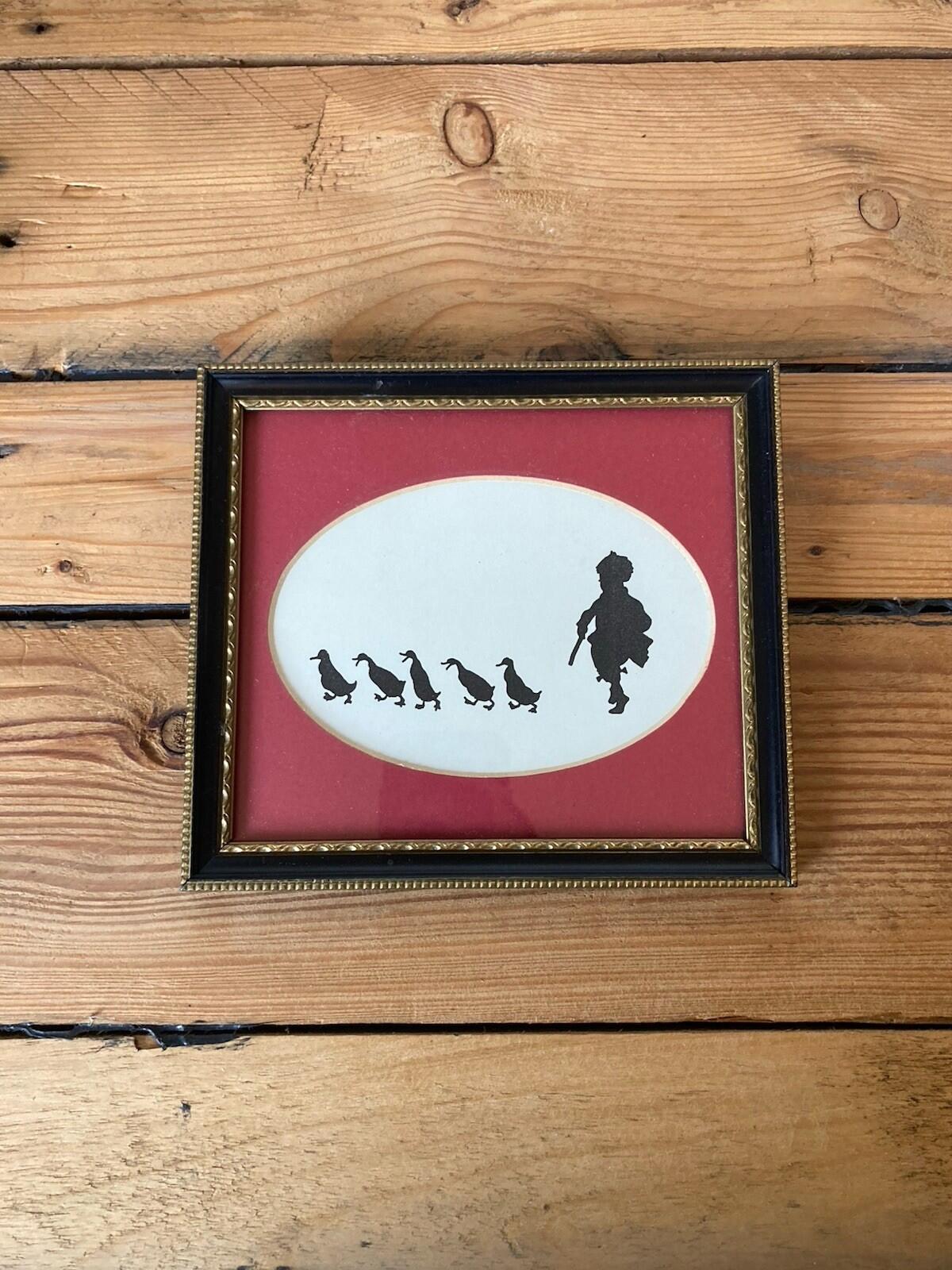 Framed Silhouette Picture Children With Ducks Oval Vintage Style Wall Art
