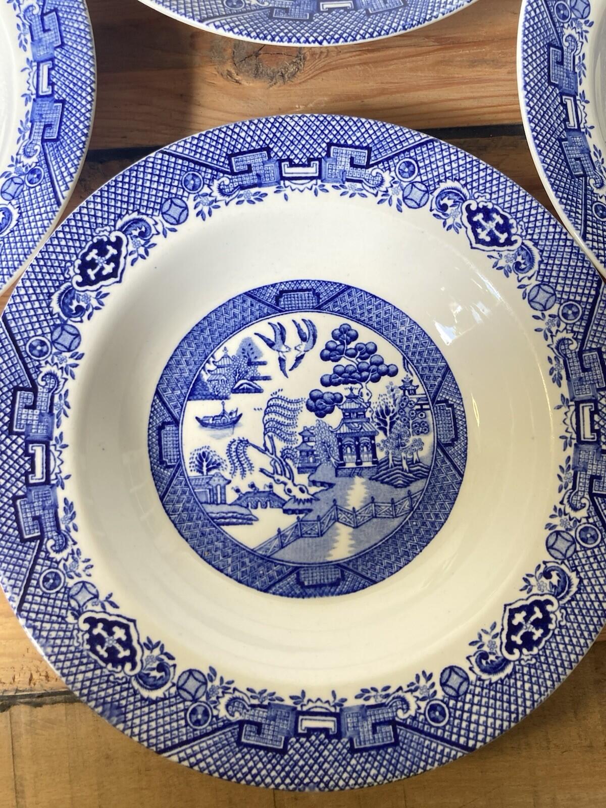 Barratts Willow 4 Rimmed Dessert / Soup Bowls Blue & White