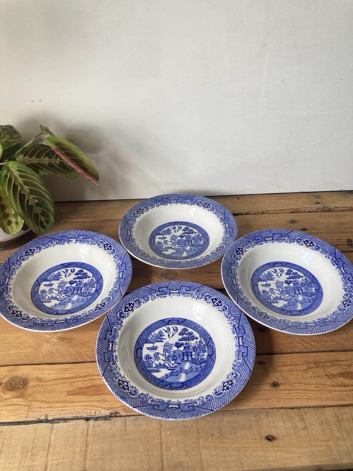Barratts Willow 4 Rimmed Dessert / Soup Bowls Blue & White
