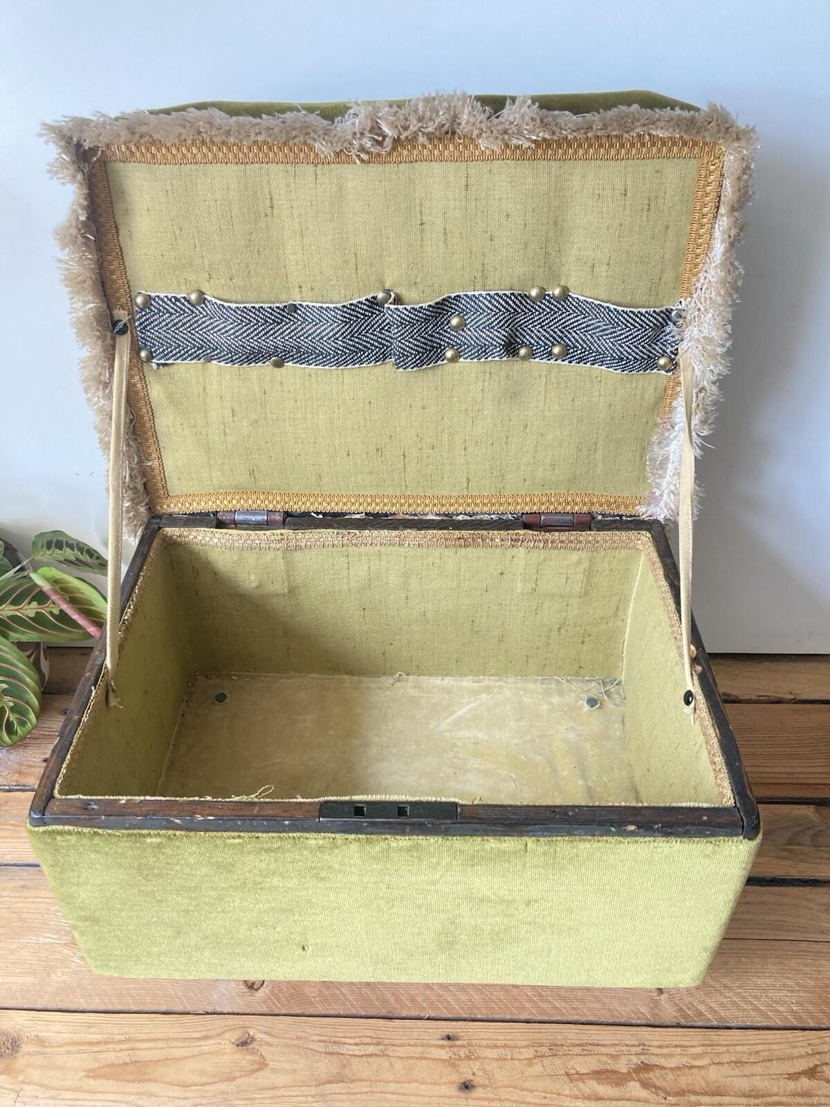 Vintage Embroidered Footstool Sewing Box Floral Design On Wheels