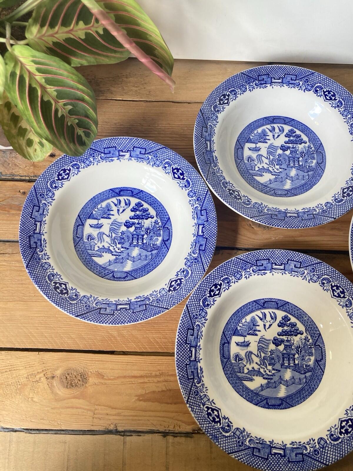 Barratts Willow 4 Rimmed Dessert / Soup Bowls Blue & White
