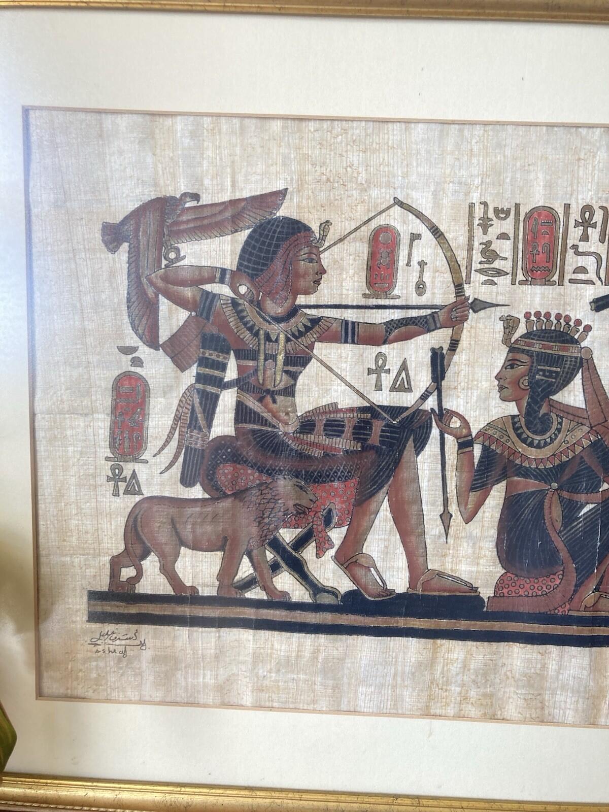 Framed Egyptian Papyrus Artwork Signed Gold Frame Ancient Egypt Wall Art